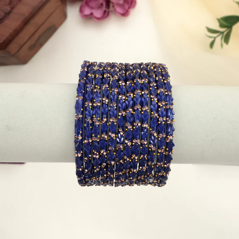 Premium Tulip Cut Stone Work Glass Bangles – Indigo